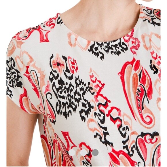 Chico’s Tunic Top Women’s 2 Paisley Ikat Stretch Knit Cap Sleeve Boho Blouse - Picture 3 of 15